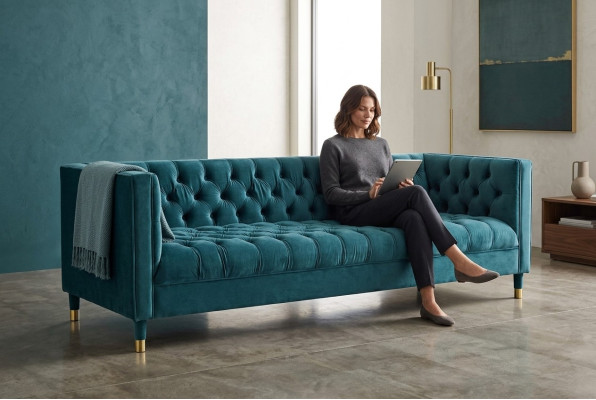 Sofá Chesterfield Sofás azules Tela Tela Sofás Muebles de 4 plazas
