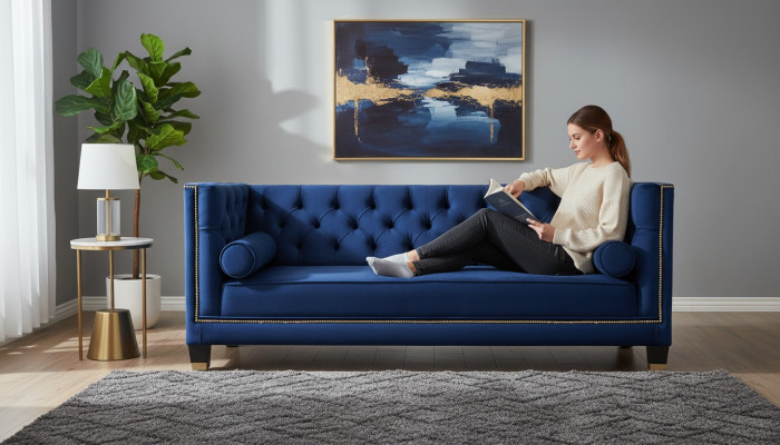 Sofá de diseño de tres plazas Chesterfield azul de tela para la sala de estar.