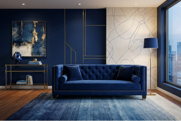 Sofá de diseño de tres plazas Chesterfield azul de tela para la sala de estar.