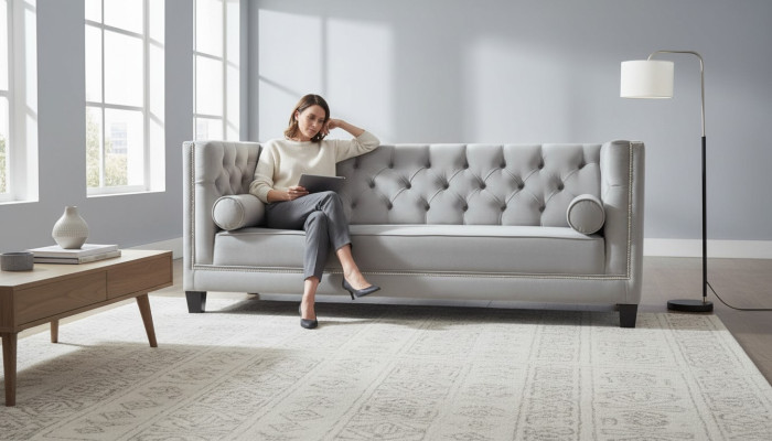 Lujo gris Chesterfield terciopelo tres plazas muebles tapizados de hotel sala de estar consultorio