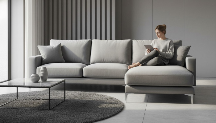Sofá esquinero de sala de estar gris xxl Big Creative Möbel, tela textil, sofás Chesterfield.