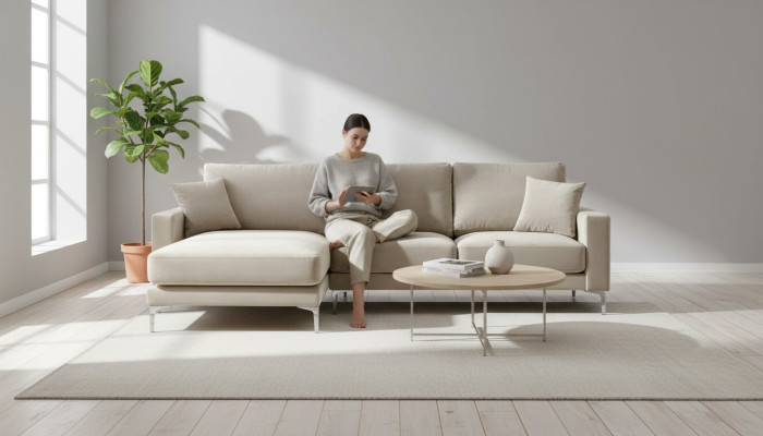 Sofá de lujo estilo loft, sofá esquinero de terciopelo beige, conjunto de muebles para la sala de estar.