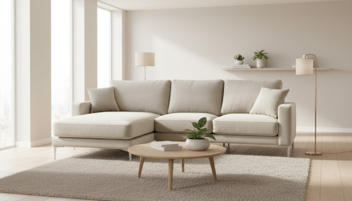 Sofá de lujo estilo loft, sofá esquinero de terciopelo beige, conjunto de muebles para la sala de estar.