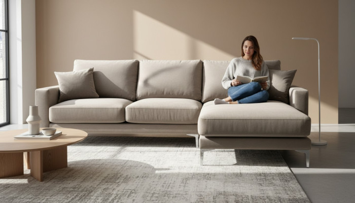 Sofá de esquina beige de tela, diseño de sala de estar, sofás acolchados, sofá, nuevo conjunto de esquina.