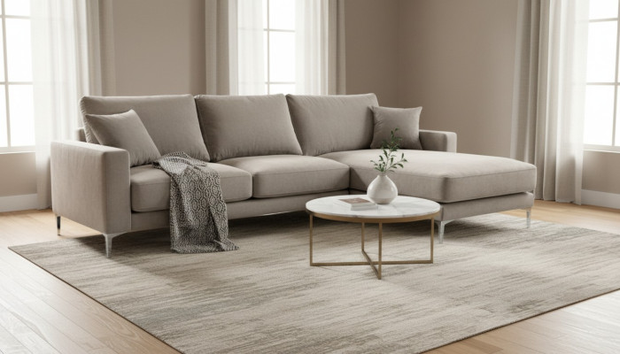Sofá de esquina beige de tela, diseño de sala de estar, sofás acolchados, sofá, nuevo conjunto de esquina.