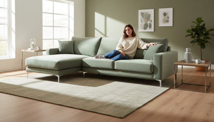 Sofá esquinero verde salvia, diseño de tela para sofás, sofá tapizado, sofás nuevos verdes para sala de estar.