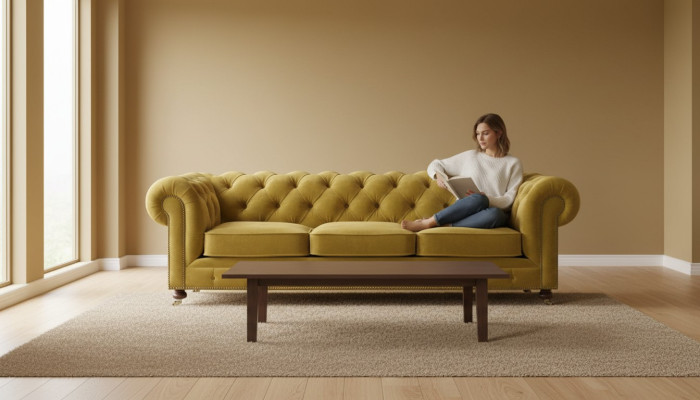 Lujo amarillo Chesterfield terciopelo tres plazas muebles tapizados Hotel sala de estar práctica