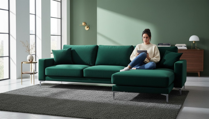 Sofá Loft de lujo, sofá esquinero, muebles esquineros, sofá de terciopelo, sofás para salón, verdes.