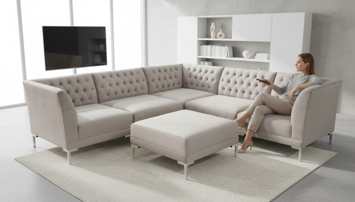 Sofá esquinero Chesterfield con reposapiés, conjunto de 2 piezas en tela, sofás de esquina nuevos.