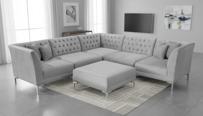 Sofás Chesterfield gris Lujo Muebles Nuevos Sofá Esquinero Gris con Otomana en Tela de Gran Textura