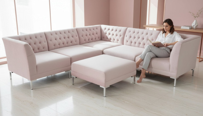 Sofá esquinero rosa, puf, sofás Chesterfield, muebles xxl, tela de tela de texto grande, sofás de 2 piezas.