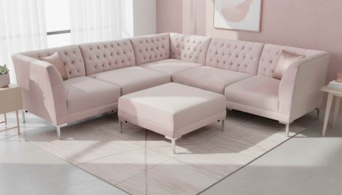 Sofá esquinero rosa, puf, sofás Chesterfield, muebles xxl, tela de tela de texto grande, sofás de 2 piezas.