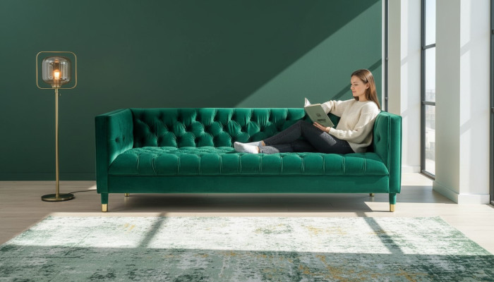 Sofá de tres plazas de diseño Chesterfield de tela verde para la sala de estar de 230 cm.