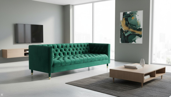 Sofá de tres plazas de diseño Chesterfield de tela verde para la sala de estar de 230 cm.