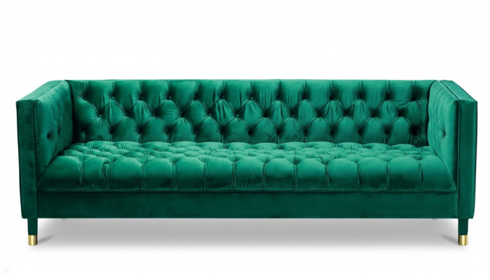 Sofá de tres plazas de diseño Chesterfield de tela verde para la sala de estar de 230 cm.