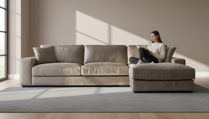 Sofá esquinero marrón de tela diseño italiano para salas de estar sofas muebles sofás acolchados.