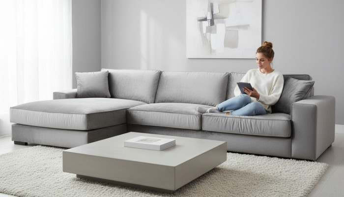 Muebles de estilo italiano, sofá esquinero de tela, diseño de sala de estar, sofás acolchados.