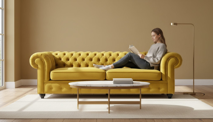 Sofá Chesterfield amarillo con botones, asientos acolchados, sofás de lujo nuevos.