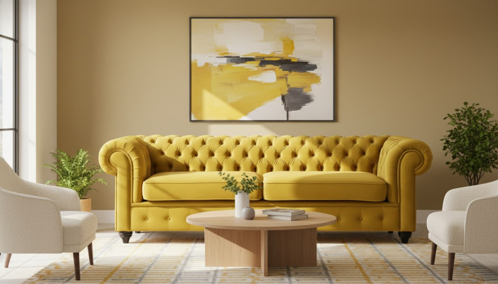 Sofá Chesterfield amarillo con botones, asientos acolchados, sofás de lujo nuevos.