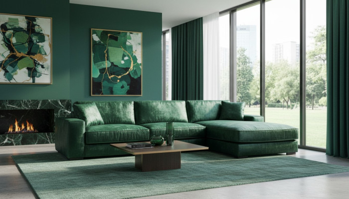 Sofá esquinero verde de tela para sala de estar en diseño de sofá acolchado grande de terciopelo nuevo.