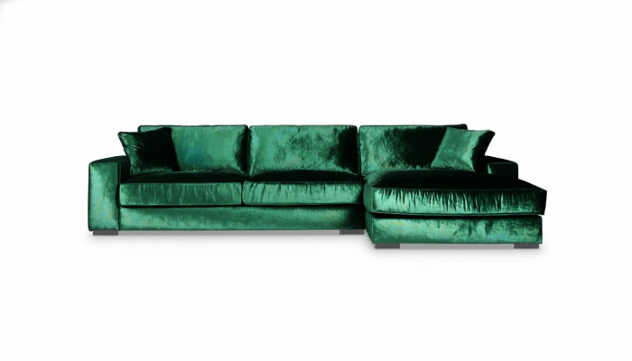 Sofá esquinero verde de tela para sala de estar en diseño de sofá acolchado grande de terciopelo nuevo.