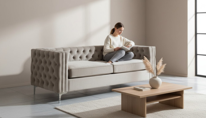 Chesterfield sofá de tres plazas moderno de tela de terciopelo muebles de lujo para la sala de estar.