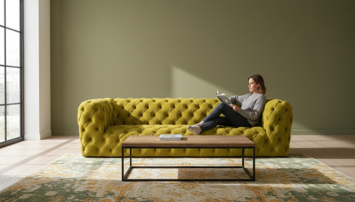 Sofá Chesterfield amarillo de cuatro plazas xxl, sofá grande, cómodo, suave, nuevo.