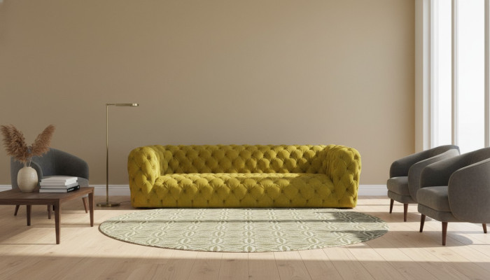 Sofá Chesterfield amarillo de cuatro plazas xxl, sofá grande, cómodo, suave, nuevo.