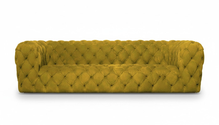 Sofá Chesterfield amarillo de cuatro plazas xxl, sofá grande, cómodo, suave, nuevo.