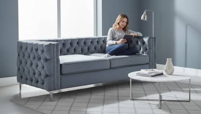 Sofá Chesterfield gris de lujo de terciopelo con botones de sofá de tela, nuevo.