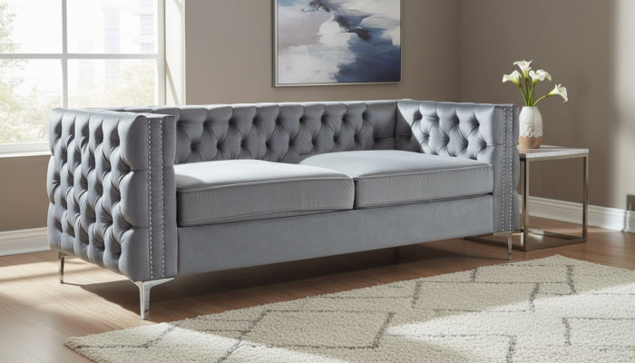 Sofá Chesterfield gris de lujo de terciopelo con botones de sofá de tela, nuevo.