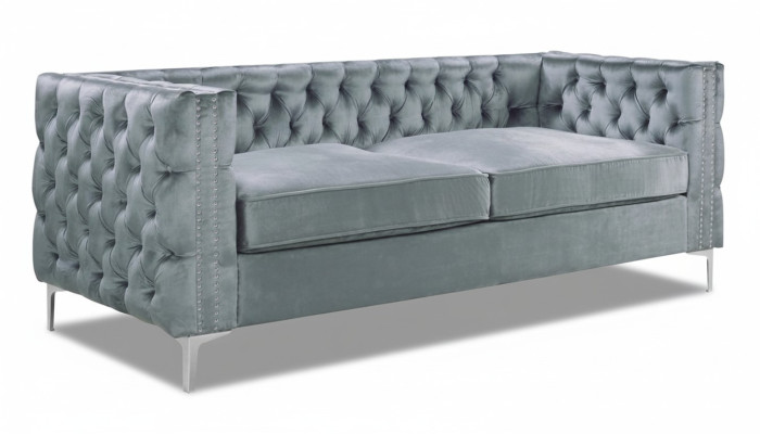 Sofá Chesterfield gris de lujo de terciopelo con botones de sofá de tela, nuevo.