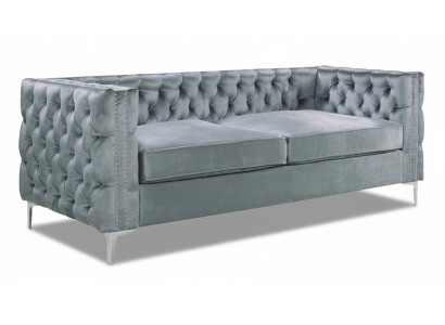 Sofá Chesterfield gris de lujo de terciopelo con botones de sofá de tela, nuevo.