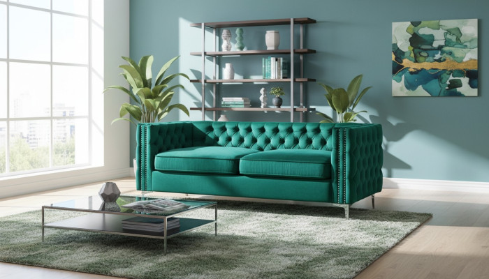 sofá chesterfield verde de lujo de terciopelo, juego de sofá de tela con botones acolchados nuevos