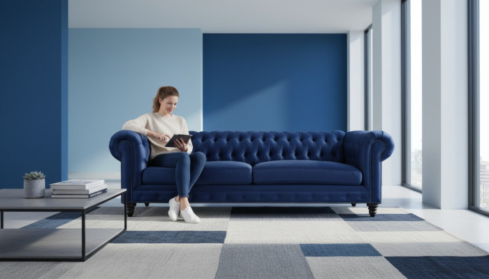 Chesterfield de tres plazas azul nuevo sala de estar moderna muebles creativos textil tela.