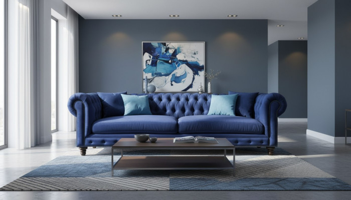 Chesterfield de tres plazas azul nuevo sala de estar moderna muebles creativos textil tela.