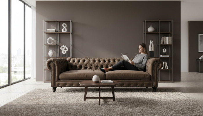 Chesterfield marrón Nuevo Sala de estar moderna Sofá de tres plazas Muebles creativos Textil Tela