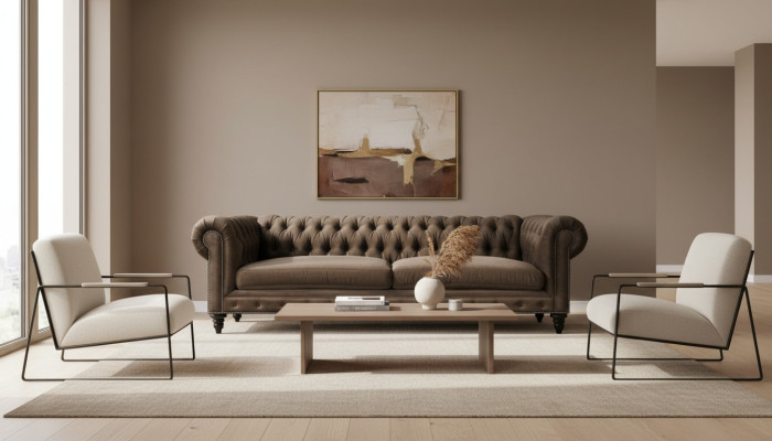 Chesterfield marrón Nuevo Sala de estar moderna Sofá de tres plazas Muebles creativos Textil Tela