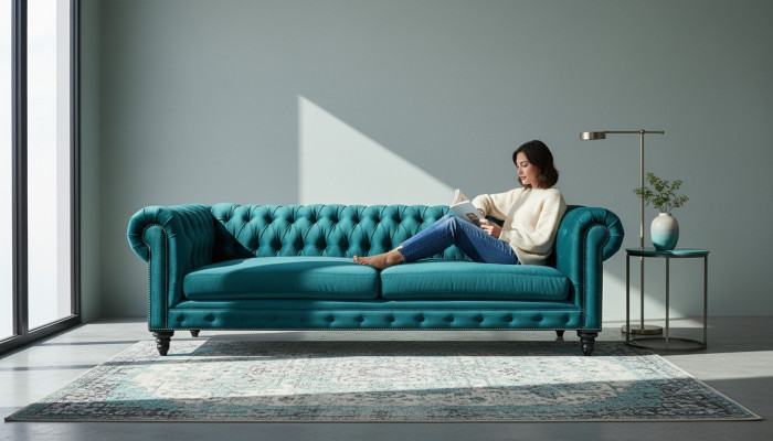 Sofá de tres plazas Chesterfield, muebles creativos, tela textil turquesa, salón moderno.