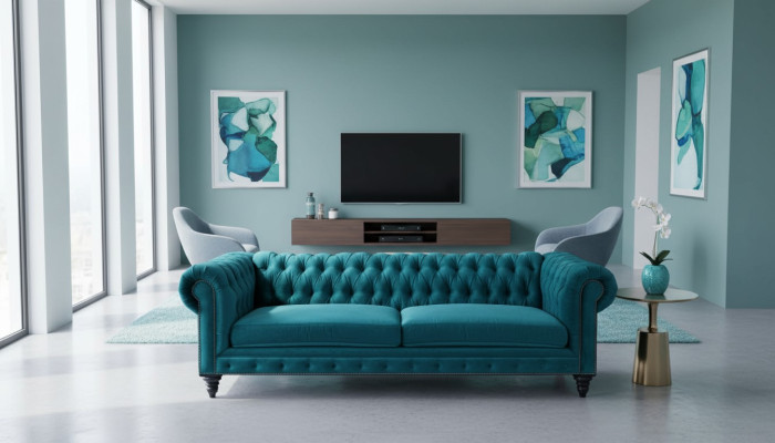 Sofá de tres plazas Chesterfield, muebles creativos, tela textil turquesa, salón moderno.