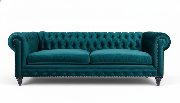 Sofá de tres plazas Chesterfield, muebles creativos, tela textil turquesa, salón moderno.