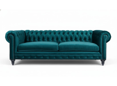 Sofá de tres plazas Chesterfield, muebles creativos, tela textil turquesa, salón moderno.