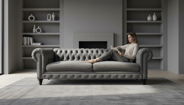 Sofá de tres plazas Chesterfield, muebles creativos, tela de textil, gris, nuevo, salón moderno.