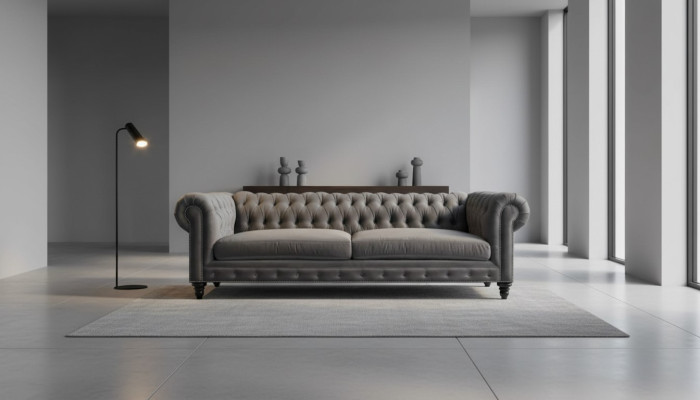 Sofá de tres plazas Chesterfield, muebles creativos, tela de textil, gris, nuevo, salón moderno.