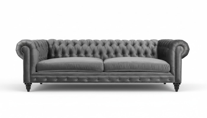Sofá de tres plazas Chesterfield, muebles creativos, tela de textil, gris, nuevo, salón moderno.