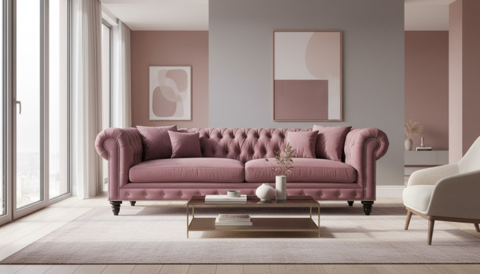 Chesterfield Muebles creativos Tela de tapicería rosa Sofá Sala de estar Moderno de tres plazas