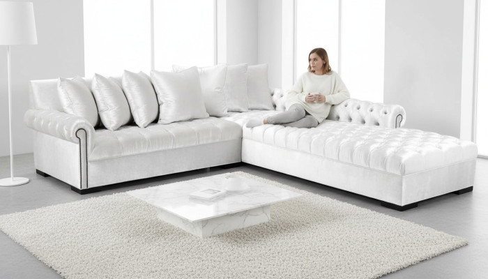 Sofá esquinero blanco de tela Chesterfield Design sofás tapizados sofás de lujo muebles.
