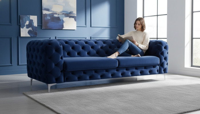 Sofá Chesterfield de tres plazas azul para sala de estar moderno de terciopelo muebles textiles nuevos