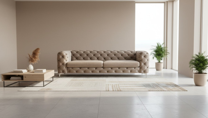 Sofá Chesterfield de tres plazas marrón, mueble de tela para el salón de terciopelo.