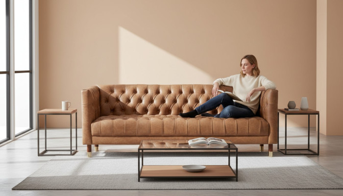 Sofá Chesterfield de tres plazas marrón xxl, mueble de cuero para la sala de estar moderno y nuevo.